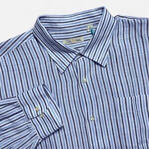 Peter Millar Mens XL 100% Linen Long Sleeve Button Up Shirt Blue White Striped